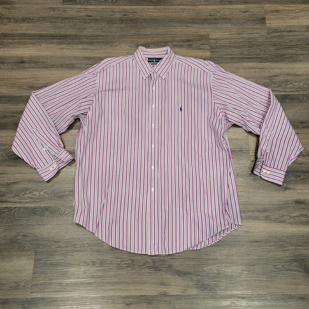 Ralph Lauren‎ Striped Classic Fit Button Down Shirt Pink Blue 17 1/2 XL